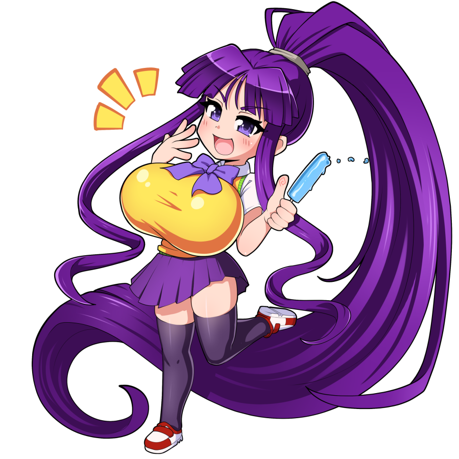 1girl blunt_bangs blush bow breasts chibi eiken food huge_bow huge_breasts izuthree long_hair misono_kirika open_mouth ponytail popsicle purple_bow purple_eyes purple_hair purple_skirt school_uniform shoes skirt smug sneakers solo sweater_vest thighhighs very_long_hair yellow_sweater_vest zashono_academy_school_uniform zettai_ryouiki