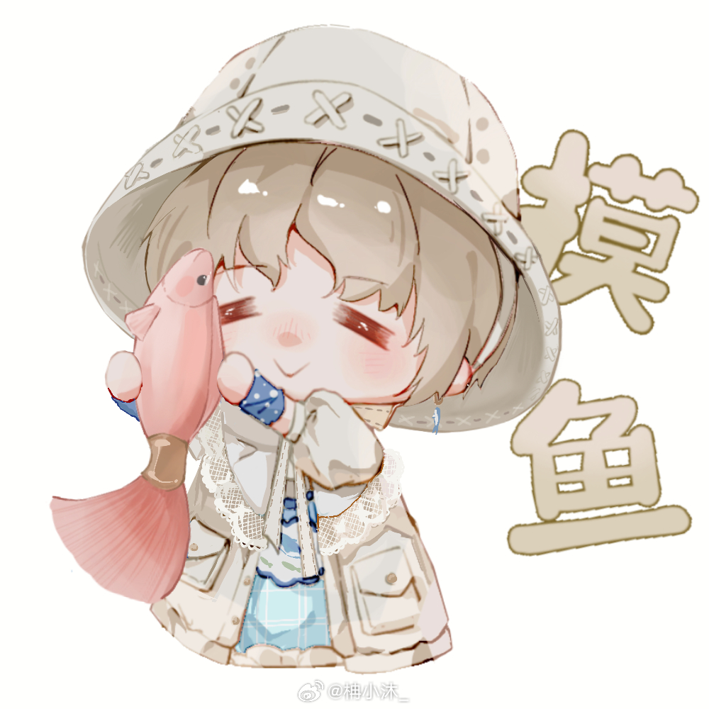 :&gt; =_= androgynous animal animal_print blue_arm_warmers blue_shirt brown_hair chinese_commentary chinese_text closed_mouth commentary_request cross-laced_headwear earrings fish fish_earrings fish_print happy hat holding holding_animal holding_fish infinity_nikki jacket jewelry lace-trimmed_shawl light_blush nanxiaomu nikki_(nikki) nikki_(series) open_clothes open_jacket polka_dot puffy_short_sleeves puffy_sleeves ribbon-trimmed_headwear ribbon_trim rippling_serenity_(infinity_nikki) shawl shirt short_hair short_sleeves simple_background smile translation_request watermark weibo_watermark white_background white_hat white_jacket white_shawl