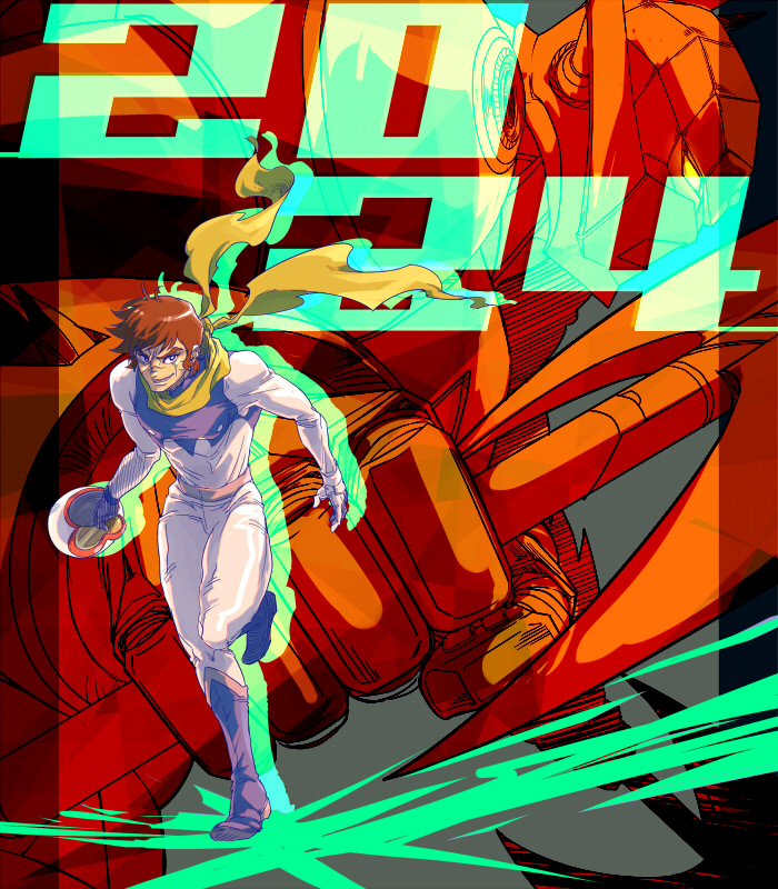 1boy 1other afterimage ahoge anniversary axe battle_axe blue_bodysuit bodysuit bright_pupils brown_hair dated fake_horns full_body getter_dragon getter_robo getter_robo_(classic) getter_robo_g green_scarf green_theme hatching_(texture) helmet holding holding_axe holding_helmet holding_weapon horned_helmet horns inuhiko_(istdog) joints linear_hatching mecha nagare_ryoma partially_colored pilot_suit red_theme robot robot_joints scar scar_on_face scar_on_nose scarf super_robot two-tone_bodysuit weapon white_pupils yellow_eyes