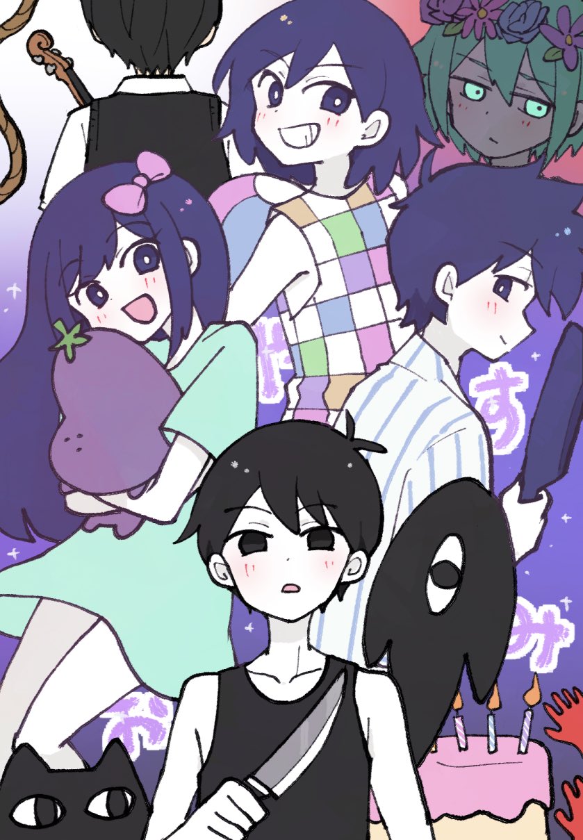 1girl 5boys :d animal antenna_hair aubrey_(headspace)_(omori) aubrey_(omori) ball bare_shoulders beachball black_cat black_eyes black_hair black_sweater_vest black_tank_top blue_flower blue_rose bow bright_pupils brothers cake candle cat checkered_clothes closed_mouth collarbone collared_shirt colored_skin commentary_request doroidsan double-parted_bangs dress dual_persona empty_eyes feet_out_of_frame flower flower_wreath food frying_pan glowing glowing_eyes gradient_background green_dress green_eyes green_hair grin hair_behind_ear hair_between_eyes hair_bow head_wreath hero_(headspace)_(omori) hero_(omori) highres holding holding_ball holding_beachball holding_frying_pan holding_knife holding_stuffed_toy hugging_object instrument kel_(headspace)_(omori) kel_(omori) knife leaf long_hair looking_at_viewer looking_back mewo mr._plantegg_(omori) multiple_boys no_pupils omori omori_(omori) open_mouth parted_lips pink_bow pink_flower pink_rose profile purple_background purple_eyes purple_flower purple_hair rose shirt short_hair short_sleeves siblings sideways_glance simple_background smile something_(omori) sparkle spoilers striped_clothes striped_shirt stuffed_eggplant stuffed_toy sunny_(omori) sweater_vest tank_top upper_body vertical-striped_clothes vertical-striped_shirt violin white_background white_pupils white_shirt white_skin