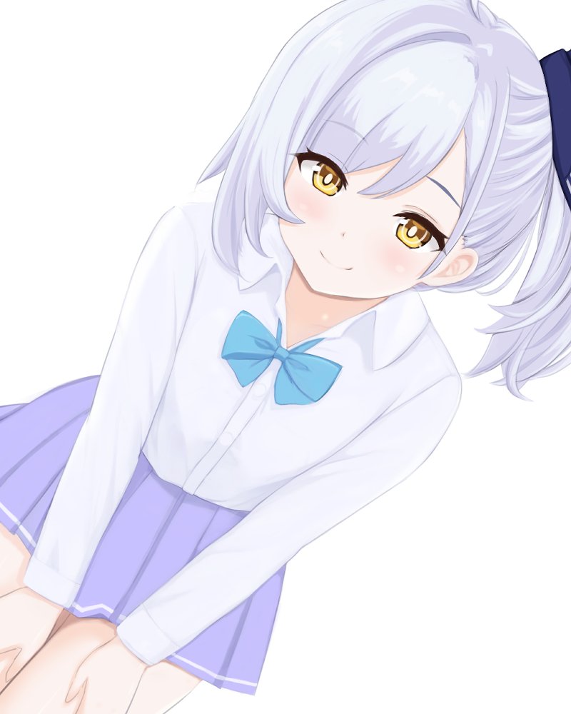1girl azur_lane blue_bow blue_bowtie bow bowtie closed_mouth collared_shirt light_blush long_sleeves looking_at_viewer medium_hair oceana_(azur_lane) pleated_skirt purple_skirt sa_(nax49) shirt side_ponytail simple_background siren_(azur_lane) skirt smile solo white_background white_hair white_shirt yellow_eyes
