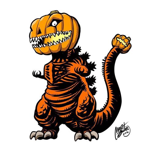 chibi claws dated giant giant_monster glowing glowing_mouth godzilla godzilla_(series) godzilla_(shin) halloween halloween_costume jack-o&#039;-lantern kaiju long_tail looking_at_viewer looking_down lowres monster multiple_heads nishikawa_shinji no_humans pumpkin sharp_teeth shin_godzilla signature simple_background spikes tail tail_head teeth toho very_long_tail white_background