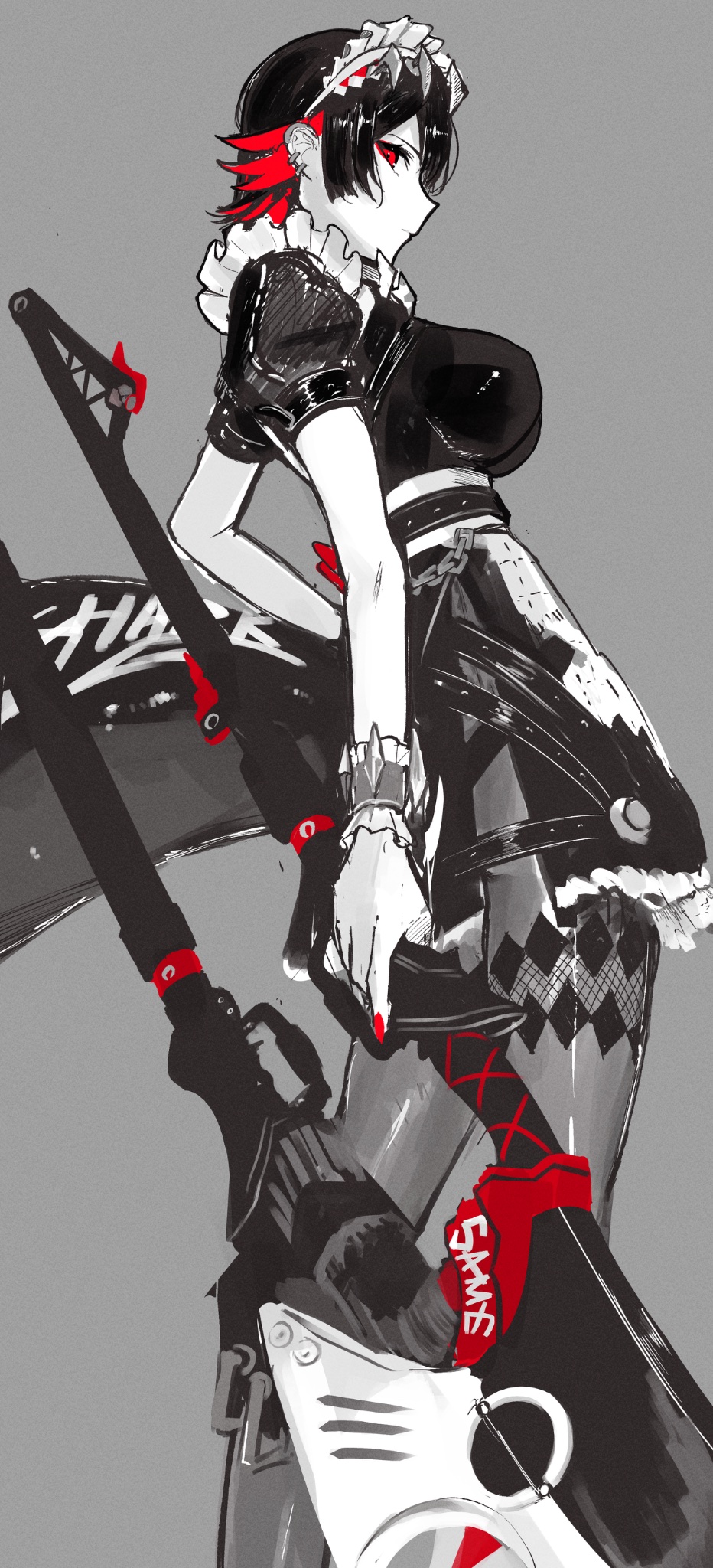 1girl apron colored_inner_hair dress ellen_joe fins fish_tail from_side glaive_(polearm) greyscale highres holding holding_polearm holding_weapon looking_at_viewer maid_apron maid_headdress monochrome multicolored_hair pantyhose partially_colored polearm red_eyes red_nails sanshoku_dango_(shukosuko) shark_girl shark_tail short_hair short_sleeves sideways_glance sketch solo spot_color sway_back tail weapon zenless_zone_zero