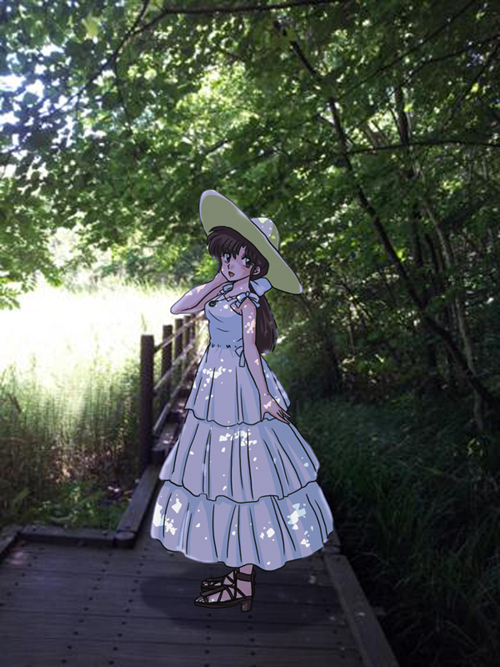 1girl breasts brown_eyes brown_hair dress grass hat open_mouth photo_background ranma_1/2 solo sun_hat tendou_kasumi tree wanta_(futoshi) white_dress