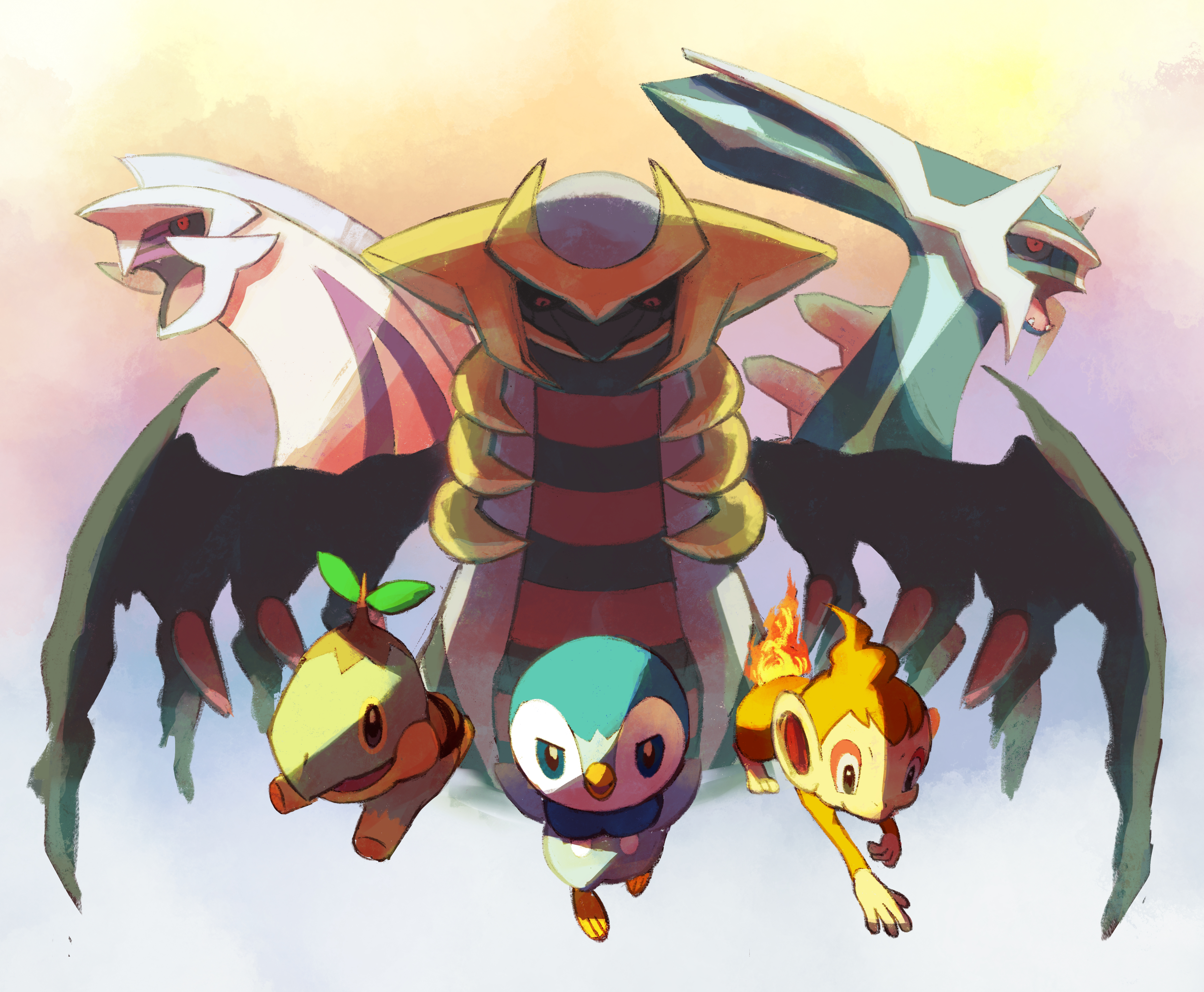 absurdres bishamon_(usagi_ba) black_eyes blue_eyes chimchar commentary_request dialga fangs flame-tipped_tail full_body game_freak gen_4_pokemon giratina gradient_background highres legendary_pokemon nintendo no_humans open_mouth palkia piplup pokemon pokemon_(creature) red_eyes running starter_pokemon_trio turtwig