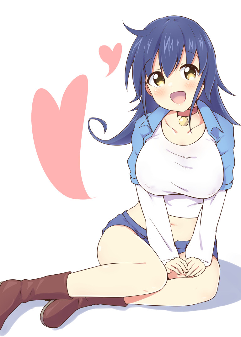 1girl ayame_riyo boots breasts choker commission duel_masters full_body large_breasts long_hair looking_at_viewer navel open_mouth purple_hair skeb_commission smile solo tasogare_mimi white_background