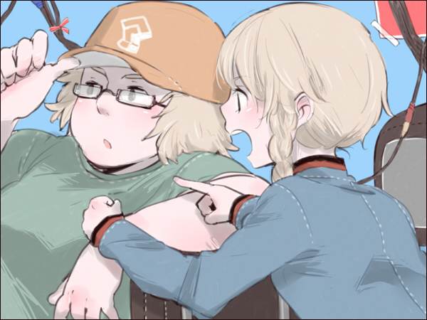 0930erina 1boy 1girl amane_suzuha bad_source baseball_cap black-framed_eyewear blue_background blue_shirt blush braid glasses green_skirt hashida_itaru hat light_brown_hair long_sleeves looking_at_another open_mouth orange_hat pointing pointing_at_another shirt short_hair short_sleeves skirt steins;gate twin_braids upper_body wire