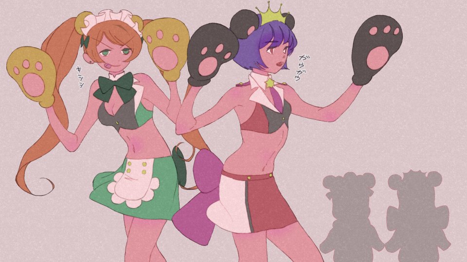 2girls animal_ears animal_hands apron bear_ears bear_girl bear_paws bow breasts cleavage closed_mouth commentary_request cowboy_shot crop_top crown frilled_apron frills gloves green_bow green_eyes green_skirt grey_background hands_up long_hair maid_headdress multiple_girls navel necktie open_mouth orange_hair paw_gloves pink_necktie purple_hair red_eyes red_skirt sando_no_meshi short_hair silhouette skirt small_breasts smile standing tongue tongue_out translation_request twintails waist_apron white_apron yuri_kuma_arashi yurigasaki_lulu yurishiro_ginko