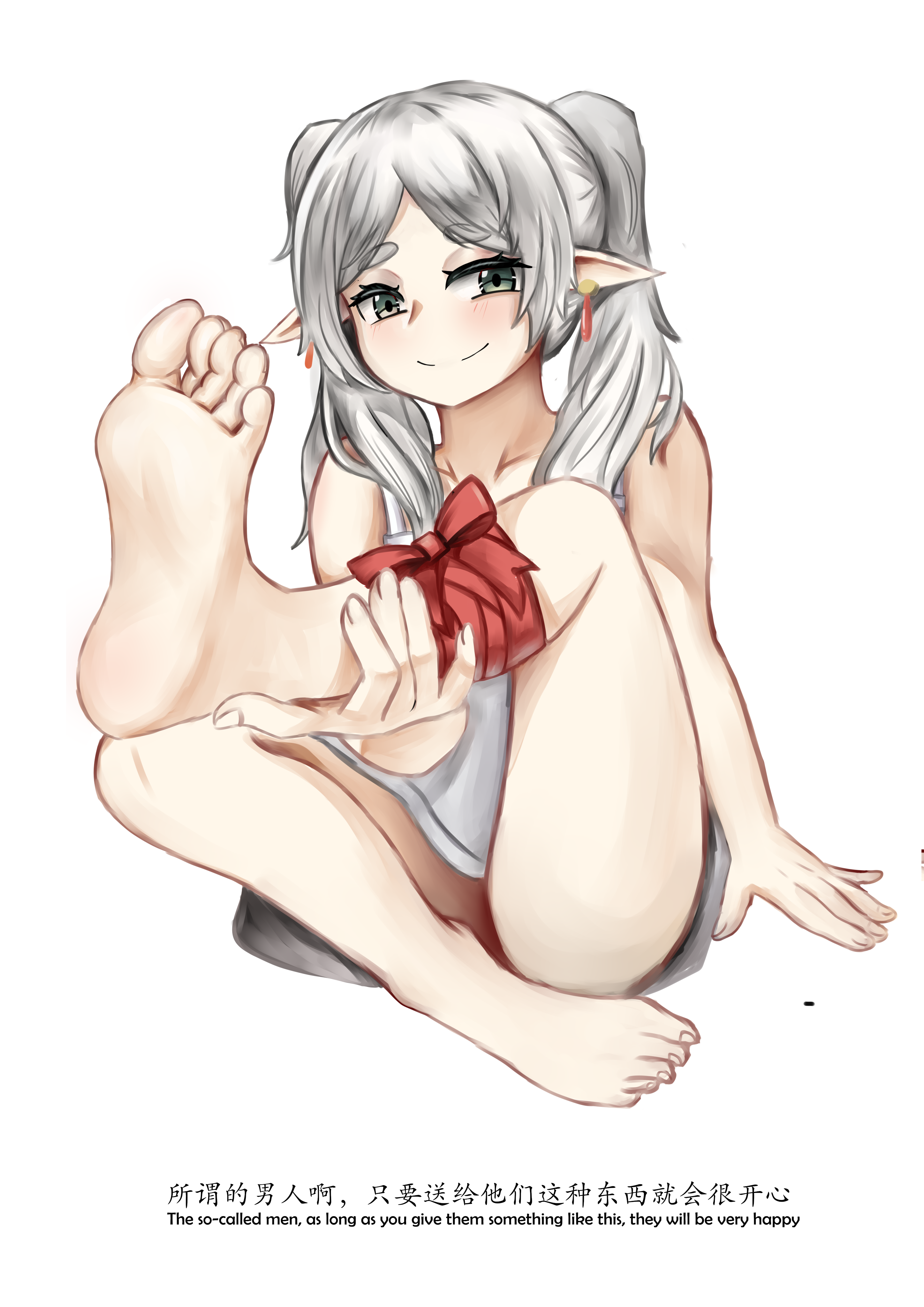 1girl absurdres arm_at_side armpits artist_request bare_arms bare_shoulders barefoot clenched_hand collarbone convenient_leg dress earrings elf english_text eyebrows_hidden_by_hair eyelashes feet feet_up female_focus fingernails foot_focus frieren full_body green_eyes highres holding holding_leg japanese_text jewelry legs long_hair looking_at_viewer neck nightgown no_bra outstretched_foot pale_skin parted_bangs pendant pointy_ears presenting_foot ribbon short_dress sidelocks simple_background sitting sleeveless sleeveless_dress smirk smug soles sousou_no_frieren thighs toenails toes twintails upskirt white_background white_dress white_hair