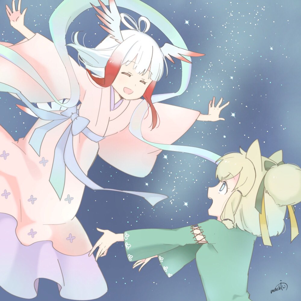 2girls :d ^_^ alpaca_ears alpaca_suri_(kemono_friends) animal_ears blonde_hair blue_eyes blunt_bangs closed_eyes commentary cosplay gradient_hair hair_ribbon happy head_wings hikoboshi hikoboshi_(cosplay) imminent_hug japanese_clothes japanese_crested_ibis_(kemono_friends) kemono_friends kimono multicolored_hair multiple_girls open_mouth orihime_(cosplay) orihime_(tanabata) outstretched_arms pink_kimono ponytail red_hair ribbon short_hair short_ponytail signature sky smile spread_arms star_(sky) starry_sky tanabata uzuki_machi white_hair wide_sleeves wings yuri