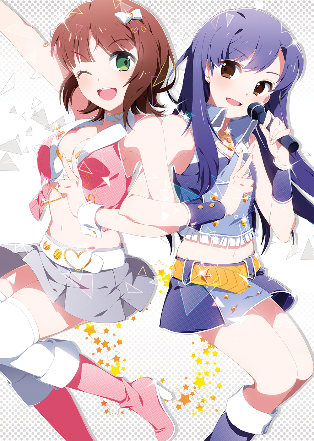 2girls ;d amami_haruka arm_up bare_shoulders belt blue_hair blue_skirt blush boots breasts brown_eyes brown_hair choker cleavage clothes_lift crop_top cropped_jacket dot_nose flat_chest frilled_jacket frills glint gold_belt gradient_background green_eyes grey_background grey_skirt hair_ornament hair_ribbon hand_up hands_up heart heart_belt heart_choker heart_hair_ornament highres holding holding_another&#039;s_arm holding_microphone idolmaster idolmaster_(classic) idolmaster_million_live! idolmaster_million_live!_theater_days jacket jewelry kisaragi_chihaya knee_boots long_hair looking_at_viewer luxury_(idolmaster) medium_breasts microphone midriff miniskirt monami multiple_girls navel necklace one_eye_closed open_clothes open_jacket open_mouth pink_boots pink_diamond_765_(idolmaster) pink_jacket pleated_skirt polka_dot polka_dot_background purple_footwear purple_jacket ribbon short_hair skirt skirt_lift sleeveless sleeveless_jacket smile standing star_(symbol) teeth thighhighs triangle upper_teeth_only v white_belt white_choker white_ribbon white_thighhighs white_wrist_cuffs wind wind_lift wrist_cuffs zettai_ryouiki