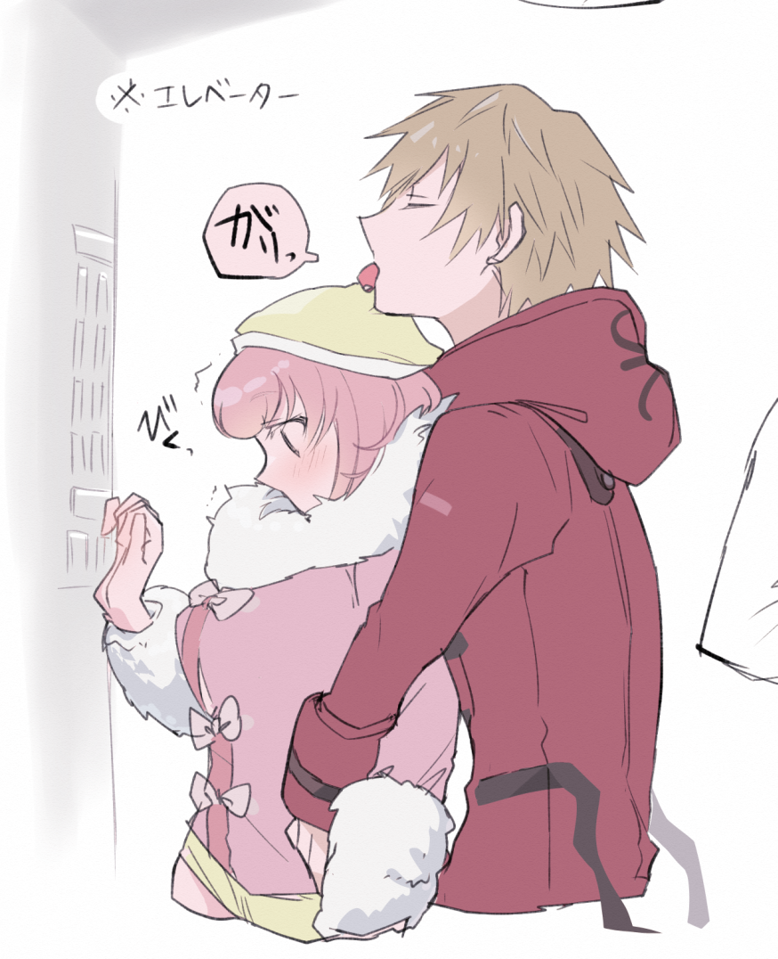 1boy 1girl ando_ruruka blonde_hair blush cropped_torso danganronpa_(series) danganronpa_3_(anime) from_side fur-trimmed_jacket fur_collar fur_trim hand_up hood hood_down hug izayoi_sounosuke jacket kuzuhana long_sleeves pink_hair pink_jacket red_jacket short_hair smile speech_bubble translation_request upper_body