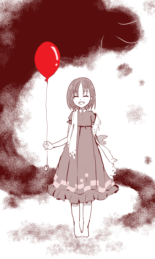 1girl balloon barefoot dress closed_eyes fate/strange_fake fate_(series) kuruoka_tsubaki open_mouth pale_rider_(fate) short_hair