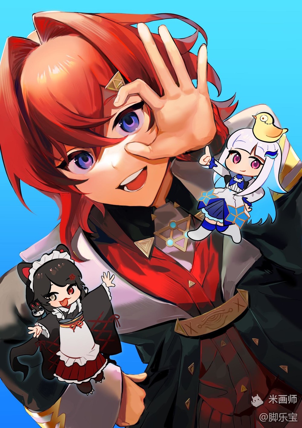 3girls :3 :d ange_katrina ange_katrina_(1st_costume) animal_ears animal_hair_ornament apron artist_name bird black_coat black_hair black_kimono blue_background blue_hair blue_neckerchief blue_skirt blue_socks boots cardigan clawed_boots closed_mouth coat colored_inner_hair cross-laced_clothes cross-laced_sleeves crossed_bangs deformed dog_ears dog_girl fang frilled_apron frills grey_eyes hair_between_eyes hair_intakes hair_ornament hand_on_own_hip hand_up heterochromia highres index_finger_raised inui_toko inui_toko_(1st_costume) japanese_clothes jiaolebao kimono layered_skirt lize_helesta lize_helesta_(1st_costume) long_hair long_sidelocks long_skirt long_sleeves looking_at_viewer looking_through_fingers low_twintails maid_headdress medium_hair medium_skirt monocle multicolored_hair multiple_girls neckerchief nijisanji open_mouth palms pleated_skirt purple_eyes red_cardigan red_eyes red_hair red_skirt sanbaka_(nijisanji) sebastian_piyodore shirt shrug_(clothing) sidelocks simple_background skirt smile socks teeth triangle_hair_ornament twintails two-tone_hair upper_body very_long_hair virtual_youtuber waist_apron white_apron white_boots white_hair white_headdress white_shirt white_shrug white_skirt yellow_bird