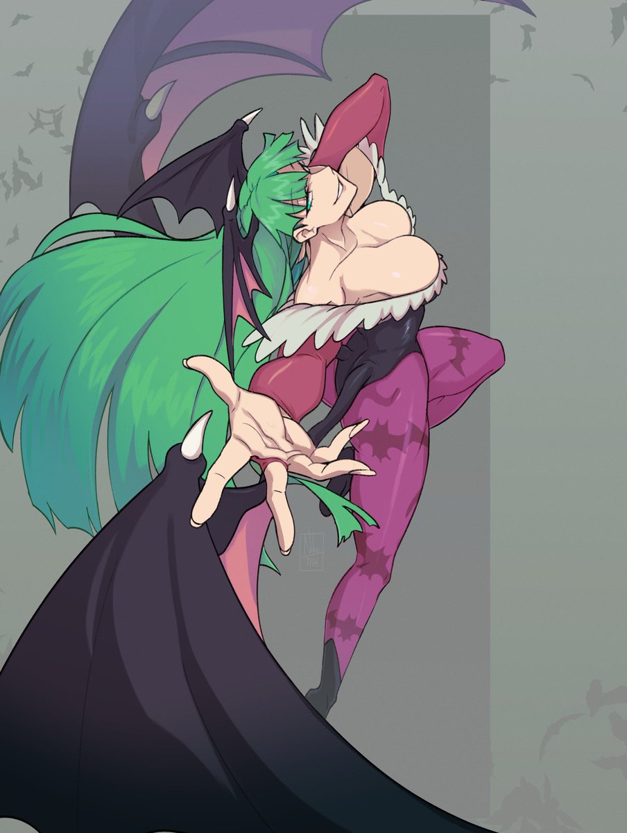 1girl animal_print bat_print bat_wings breasts bridal_gauntlets capcom clothing_cutout demon_girl fur-trimmed_leotard fur_trim head_wings heart_cutout highres kamuify leotard long_hair looking_at_viewer low_wings marvel_vs._capcom morrigan_aensland off-shoulder_leotard pantyhose print_pantyhose purple_pantyhose purple_wings smile solo darkstalkers wings