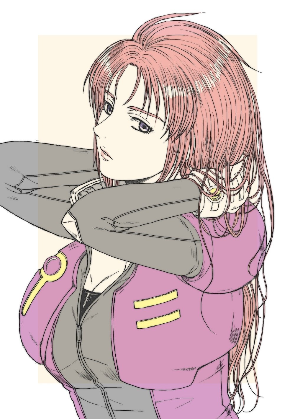 1girl bodysuit breasts closed_mouth gloves gundam gundam_unicorn highres long_hair looking_at_viewer marida_cruz mecha_pilot_suit military_uniform orange_hair purple_eyes siodam410 solo