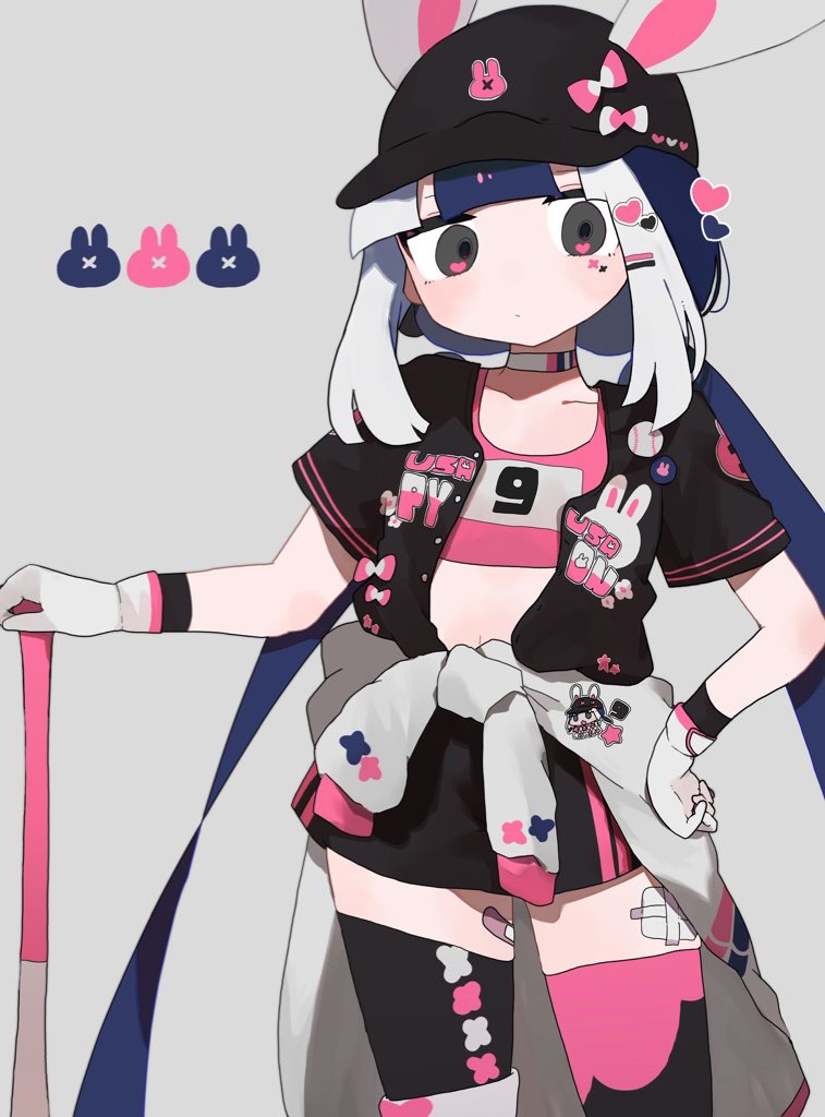 1girl animal_ears animal_print bandage_on_leg bandages bandaid bandaid_on_leg baseball_bat baseball_cap black_shirt black_skirt black_thighhighs blue_hair blunt_bangs choker clothes_around_waist commentary cowboy_shot fake_animal_ears gloves grey_background grey_eyes hair_ornament hairclip hat heart heart_in_eye heart_print holding holding_baseball_bat jacket jacket_around_waist long_hair multicolored_hair multicolored_thighhighs navel nukunuku_nigirimeshi original pin pink_tank_top pink_thighhighs rabbit_ears rabbit_pin rabbit_print shirt short_sleeves simple_background skirt solo symbol_in_eye tank_top thighhighs twintails two-tone_hair unbuttoned unbuttoned_shirt very_long_hair white_gloves white_hair white_jacket white_thighhighs