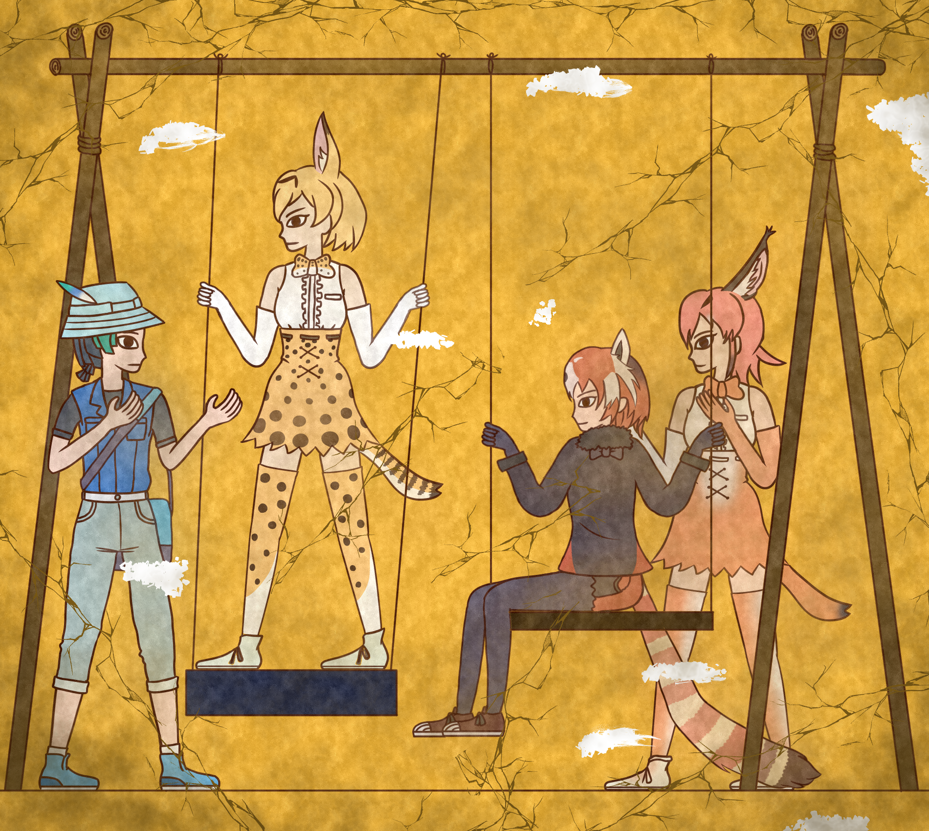 4girls animal_ear_fluff animal_ears animal_print bag bare_shoulders black_gloves black_hair black_legwear black_neckwear blonde_hair blouse blue_vest bow bowtie caracal_(kemono_friends) center_frills commentary_request crack egyptian_art frills fur_collar gloves green_hair grey_pants hat hat_feather high-waist_skirt highres kemono_friends kemono_friends_2 kita_(7kita) kyururu_(kemono_friends) lesser_panda_(kemono_friends) multicolored_hair multiple_girls on_swing orange_hair orange_neckwear panda_ears pants pantyhose print_legwear print_neckwear print_skirt profile serval_(kemono_friends) serval_tail shirt short_hair sitting skirt sleeveless sleeveless_shirt smile standing standing_on_swing swing tail thighhighs traditional_bowtie two-tone_bow two-tone_bowtie two-tone_hair vest white_hair white_shirt