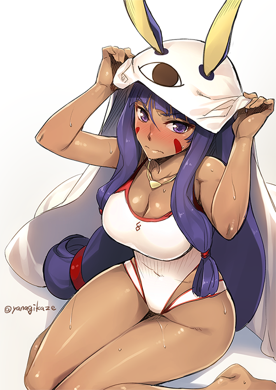 1girl animal_ears bare_legs bare_shoulders barefoot blush breasts cleavage closed_mouth dark-skinned_female dark_skin facial_mark fate/grand_order fate_(series) female_focus hair_tubes jewelry large_breasts long_hair looking_at_viewer necklace nitocris_(fate) nitocris_(fate/grand_order) nitocris_(swimsuit_assassin)_(fate) nitocris_(swimsuit_assassin)_(second_ascension)_(fate) nose_blush one-piece_swimsuit purple_eyes purple_hair sidelocks sitting solo sweat swimsuit twitter_username very_long_hair wariza white_one-piece_swimsuit yanagi_(tsukiakari)