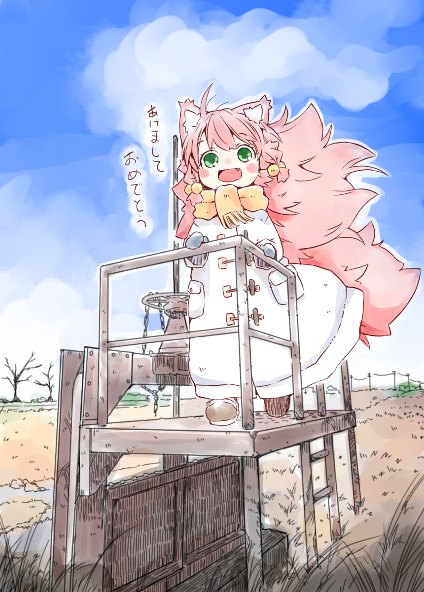 1girl animal_ear_fluff animal_ears bare_tree blue_mittens blue_sky blush_stickers brown_shoes cloud coat day fang field floating_hair fluffy_hair fox_ears fox_girl fox_tail full_body grass green_eyes hair_bobbles hair_ornament hand_on_railing hatching_(texture) highres ladder long_hair long_sleeves looking_at_viewer low-tied_sidelocks mittens nomeoil open_mouth original outdoors pink_hair platform power_lines scarf shoes sidelocks skin_fang sky smile solo standing tail translation_request tree valve white_coat yellow_scarf
