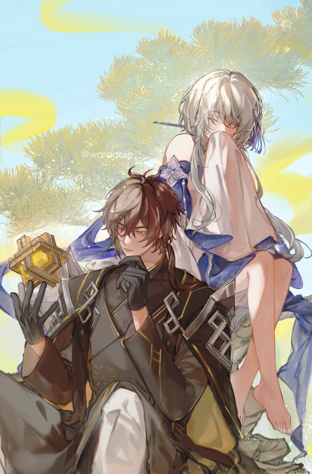 1boy 1girl bare_shoulders barefoot black_gloves brown_hair changpao chinese_clothes chinese_hairpin commentary covering_own_mouth detached_sleeves dress english_commentary eyeshadow genshin_impact gloves grey_hair guizhong_(genshin_impact) hair_between_eyes hair_ornament halter_leotard halterneck hanfu highres leotard long_hair long_sleeves low_ponytail makeup mandarin_collar memory_of_dust_(genshin_impact) official_alternate_costume ponytail red_eyeshadow sidelocks sitting sleeves_past_fingers sleeves_past_wrists smile tassel tassel_hair_ornament tree twitter_username warable white_dress wide_sleeves yellow_eyes zhongli_(genshin_impact) zhongli_(lantern_rite)_(genshin_impact)