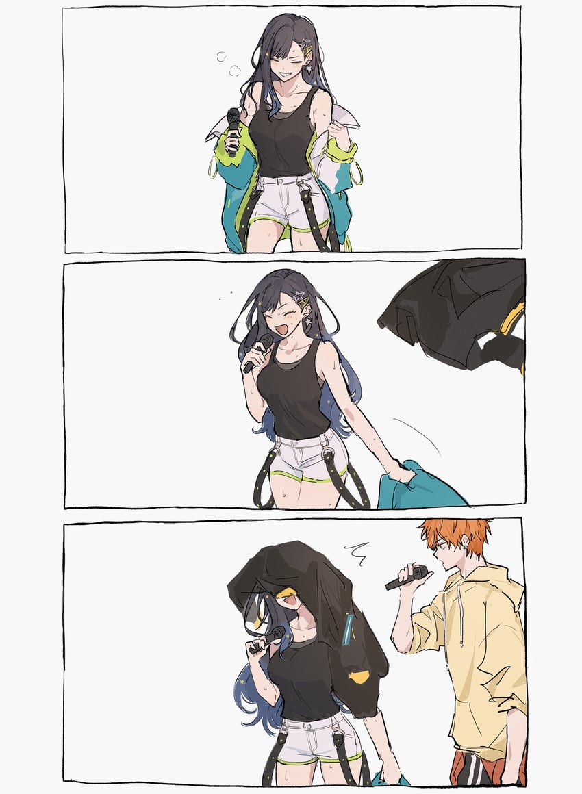 1boy 1girl 3koma black_hair closed_eyes comic hair_ornament holding hood hooded_jacket hoodie jacket long_hair mask microphone orange_hair project_sekai shiaknl shinonome_akito shiraishi_an short_hair shorts silent_comic tank_top white_shorts