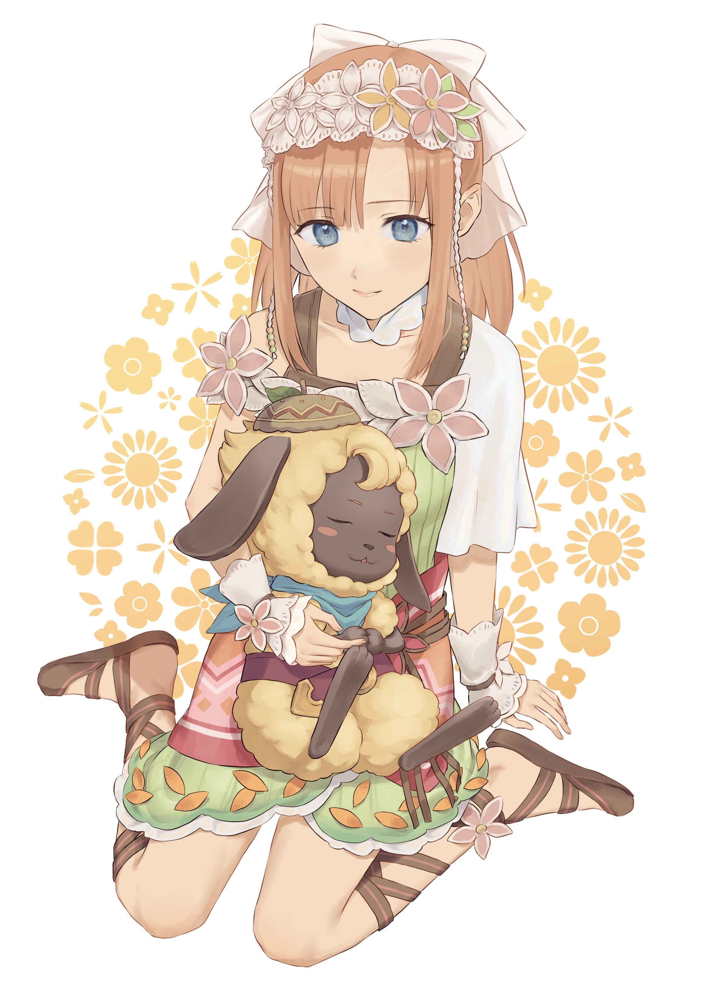 1girl 1other absurdres blue_eyes breasts detached_collar floral_background flower full_body green_shirt head_wreath highres holding_sheep light_smile looking_at_another mice_(rune_factory) orange_hair parted_bangs pink_flower pink_skirt pointy_ears rune_factory sandals shirt sia_(rune_factory) single_sleeve sitting skirt small_breasts tanabe_rf veil white_background white_veil wrist_cuffs yellow_flower