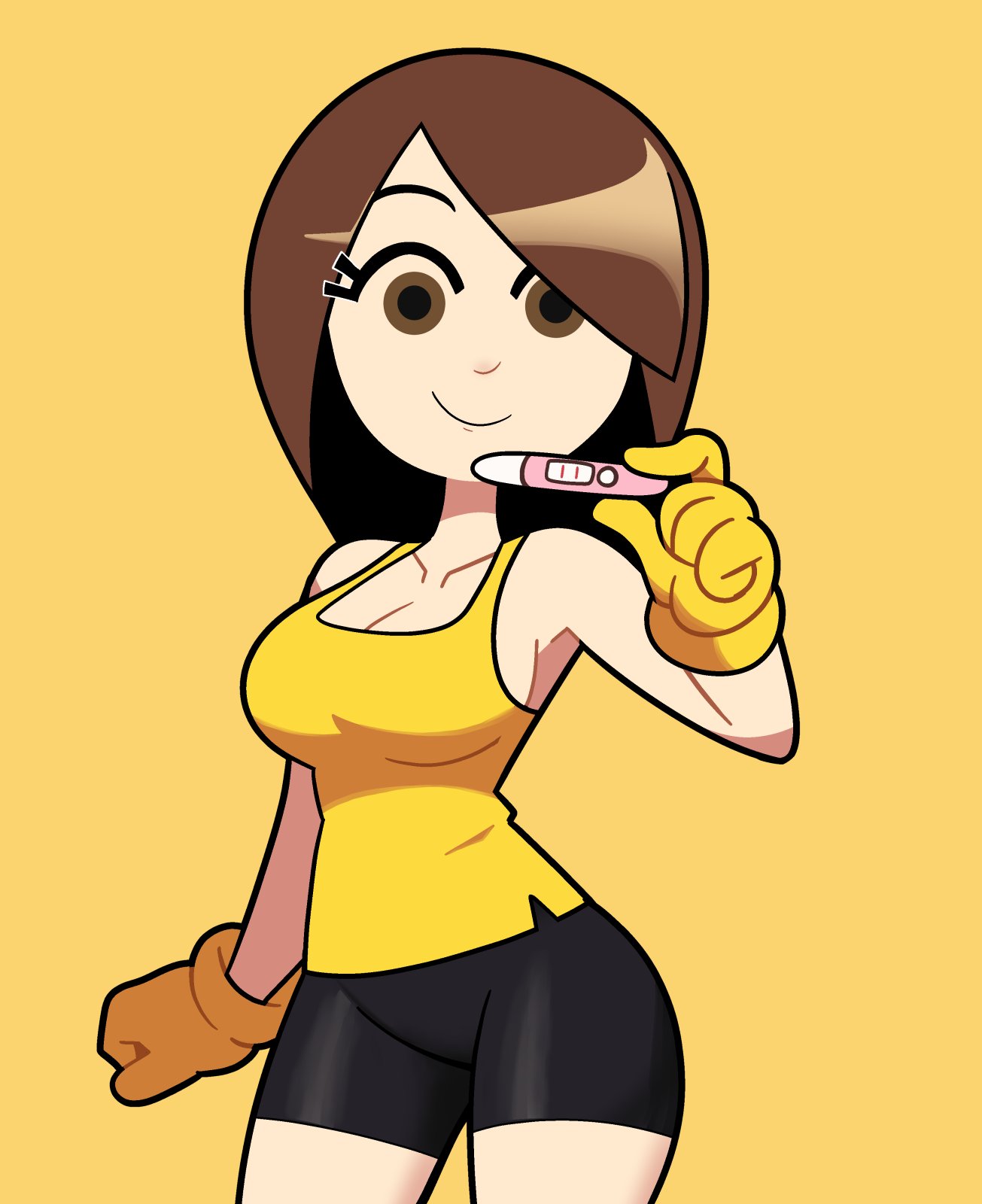 1girl alternate_costume bare_shoulders bike_shorts black_shorts breasts brown_eyes brown_hair cleavage cowboy_shot eyelashes gloves hand_up highres holding holding_pregnancy_test large_breasts looking_at_viewer mii_(nintendo) mii_gunner mii_gunner_(smash_ultimate) nintendo no_sclera pregnancy_test scott_falco short_shorts shorts sideboob smile solo super_smash_bros. tank_top yellow_gloves yellow_tank_top