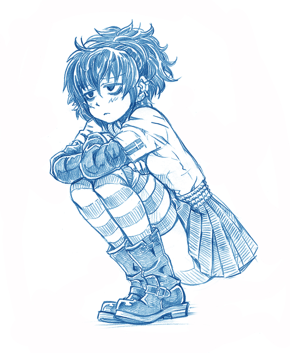 1girl bags_under_eyes bbb_(carrot_grass) black_lagoon boots ear_piercing female_focus frederica_sawyer full_body miniskirt monochrome piercing pleated_skirt shirt short_hair simple_background skirt solo squatting striped_clothes striped_thighhighs thighhighs white_background