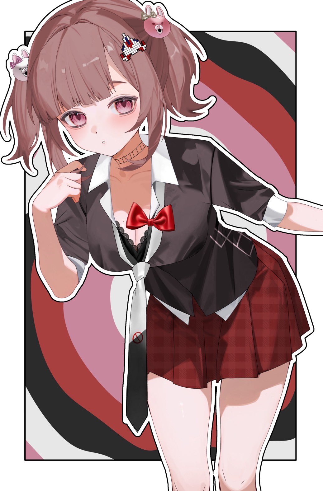 1girl bear_hair_ornament black_shirt bow breasts cleavage collarbone cosplay danganronpa:_trigger_happy_havoc danganronpa_(series) danganronpa_2:_goodbye_despair enoshima_junko enoshima_junko_(cosplay) hair_ornament highres nanami_chiaki necktie rabbit_hair_ornament red_bow sa_bu_ibo shirt skirt solo twintails
