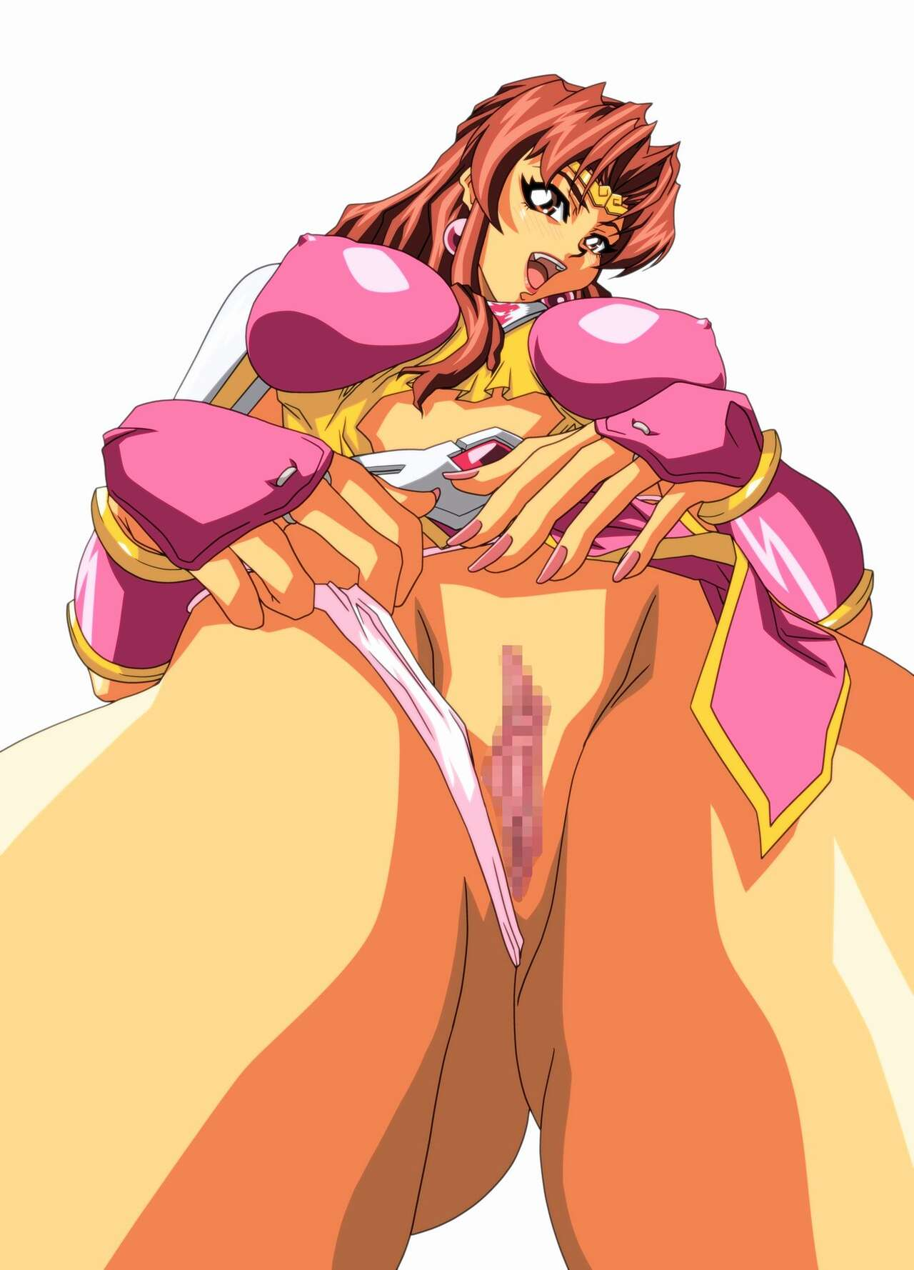1990s_(style) 1girl brown_eyes brown_hair censored choujin_gakuen_gowcaizer clothing_aside flashing highres mitake_2000 mosaic_censoring naughty_face panties panties_aside pussy retro_artstyle simple_background solo son_karin underwear