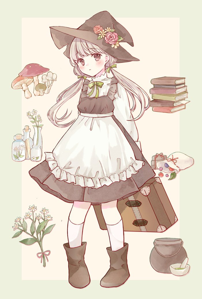 1girl :| apron arms_behind_back black_dress black_hat blonde_hair book book_stack boots bottle bow bowtie brown_boots brown_eyes closed_mouth collared_shirt commentary corked_bottle dress flower frilled_apron frills full_body green_bow green_bowtie hair_bow hat hat_flower holding holding_suitcase long_hair long_sleeves looking_at_viewer low_twintails marble_(toy) medium_dress mushroom original pinafore_dress pink_flower puffy_long_sleeves puffy_sleeves red_flower red_rose rose shirt sleeveless sleeveless_dress socks solo standing suitcase tententuyu twintails vase waist_apron white_shirt white_socks witch witch_hat yellow_flower