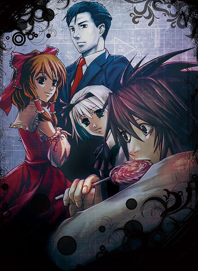 2boys 2girls black_hairband blue_suit blueprint_background bow business_suit call_of_cthulhu candy crossover death_note detached_sleeves eating food formal_clothes frilled_bow frilled_hair_tubes frills group_picture hair_bow hair_tubes hairband hakurei_reimu holding holding_candy holding_food inogashira_gorou kodoku_no_gourmet konpaku_youmu l_(death_note) lollipop looking_at_viewer looking_to_the_side multiple_boys multiple_crossover multiple_girls necktie red_necktie red_skirt ribbon-trimmed_sleeves ribbon_trim short_hair skirt skirt_set smile suit swirl_lollipop touhou vignetting wakadori white_hair yukkuri_youmu_to_hontou_wa_kowai_cthulhu_shinwa