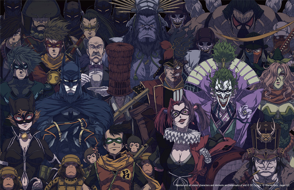 6+boys alfred_pennyworth armor bane batman batman_(series) batman_ninja black_bodysuit blue_eyes bodysuit breasts catwoman cleavage damian_wayne dc_comics deathstroke dick_grayson domino_mask eyebrows_visible_through_mask gloves gorilla gorilla_grodd green_eyes green_hair harlequin harley_quinn japanese_clothes jason_todd looking_at_viewer makeup mask monkey multicolored_hair multiple_boys multiple_girls official_art orange_hair poison_ivy purple_hair red_hair selina_kyle shogun short_hair smile the_joker the_penguin tim_drake
