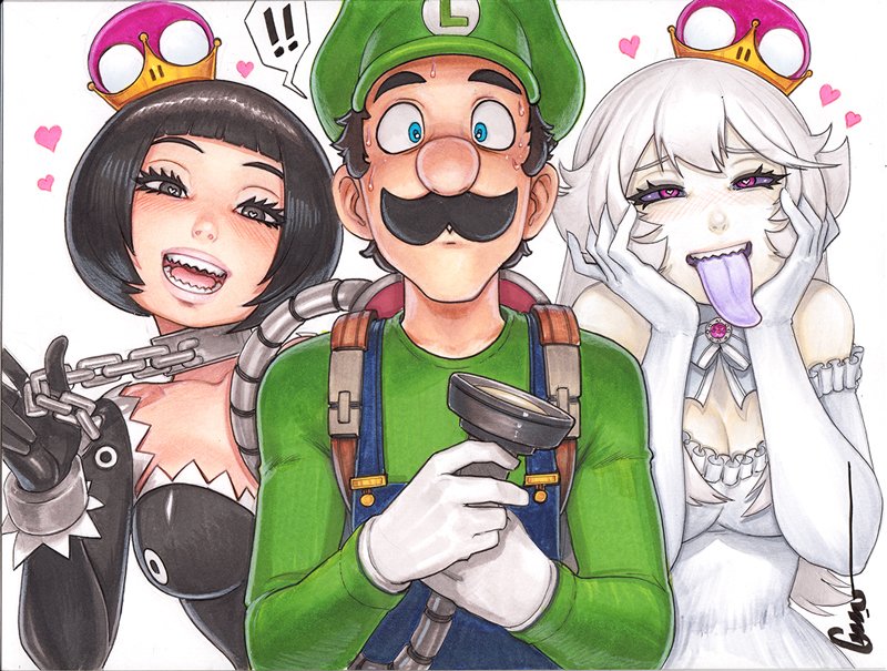 ! !! 1boy 2girls :d bare_shoulders black_hair blue_eyes blush breasts chain chain_leash cleavage collar collarbone elbow_gloves facial_hair gloves green_hat green_shirt hat heart heart-shaped_pupils holding large_breasts leash luigi luigi&#039;s_mansion mario_(series) metal_collar multiple_girls mustache nintendo omar_dogan open_mouth princess_chain_chomp princess_king_boo sharp_teeth shirt short_hair smile spoken_exclamation_mark super_crown sweat symbol-shaped_pupils teeth tongue tongue_out white_gloves white_hair