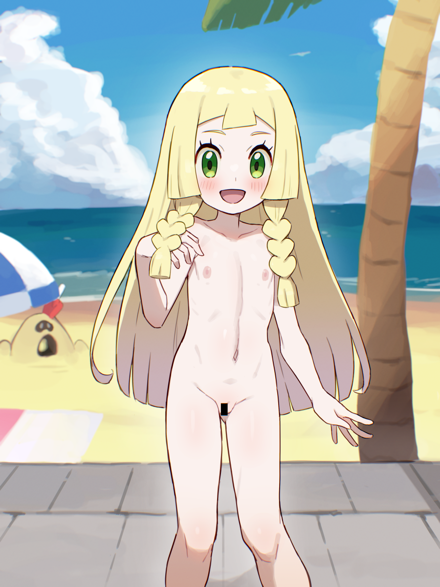 1girl :d bar_censor beach_towel blonde_hair censored chiwino cloud collarbone commentary_request completely_nude day flat_chest gen_7_pokemon green_eyes hand_up happy highres knees large_variant_set lillie_(pokemon) long_hair looking_at_viewer navel nintendo nipples nude open_mouth outdoors palm_tree pokemon pokemon_(anime) pokemon_(creature) pokemon_sm_(anime) pussy sand sandygast shore sky smile standing towel tree variant_set water