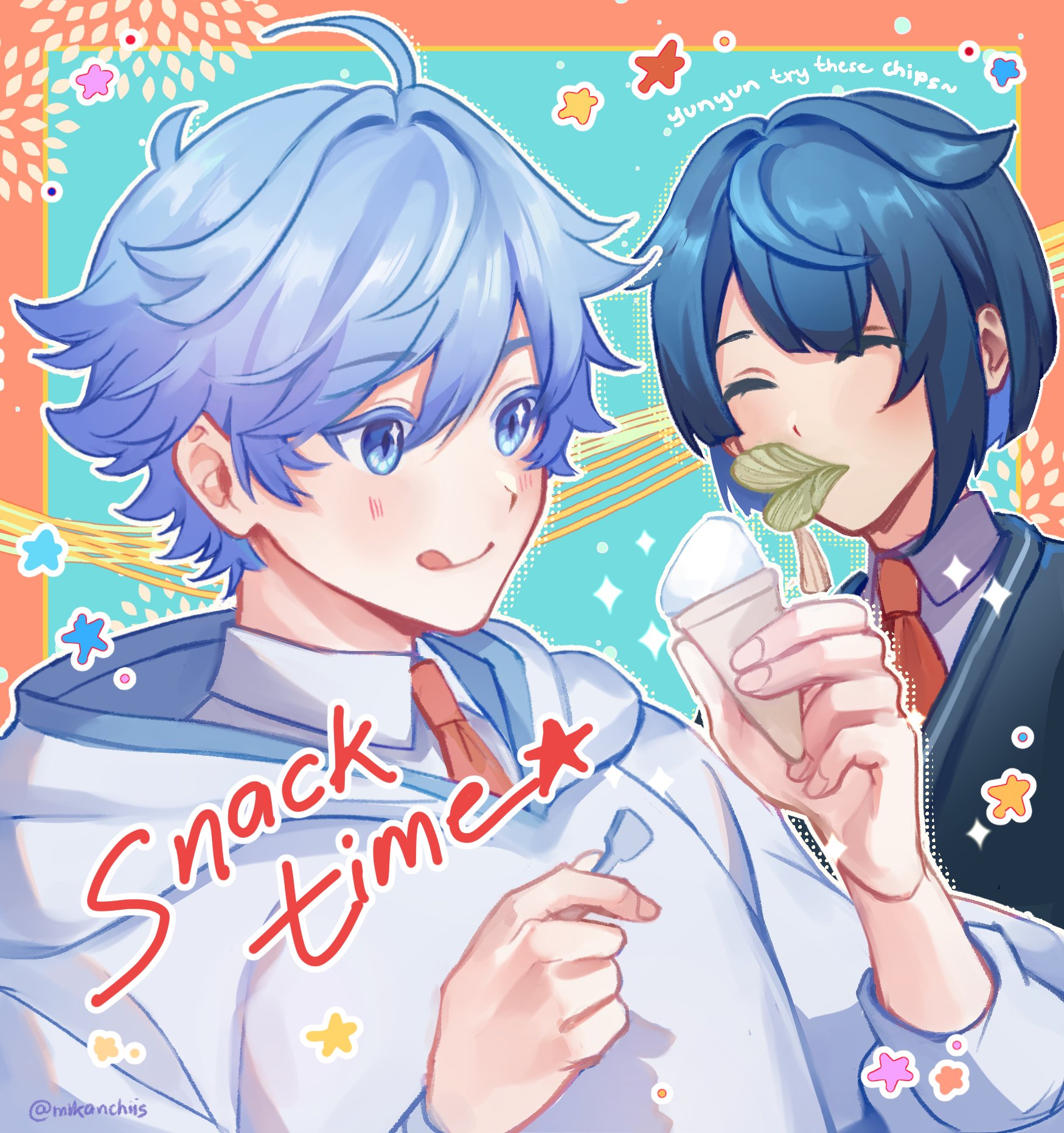 2boys :d blue_eyes blue_hair chongyun_(genshin_impact) chongyun_(gigo)_(genshin_impact) closed_eyes genshin_impact hair_between_eyes highres holding holding_ice_cream_cone hood hoodie ice_cream_cone leaf leaf_in_mouth male_focus mikanchii mouth_hold multiple_boys necktie open_mouth red_necktie short_hair simple_background smile tongue tongue_out white_hoodie xingqiu_(genshin_impact) xingqiu_(gigo)_(genshin_impact)