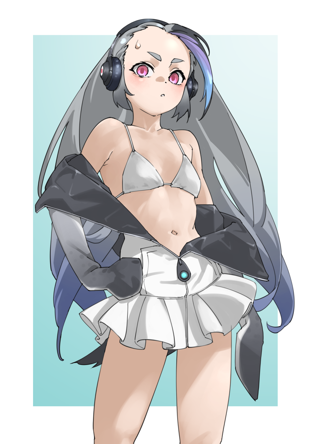 1girl animal_ears bikini bikini_under_clothes black_hair blue_hair blush commentary empty_eyes flat_chest giant_penguin_(kemono_friends) grey_hair headphones highres hood kemono_friends long_hair long_sleeves looking_at_viewer multicolored_hair navel partially_unzipped penguin_girl penguin_tail pink_eyes pleated_skirt simple_background skirt solo sweat swimsuit tail tanabe_(fueisei) thick_eyebrows white_bikini white_skirt