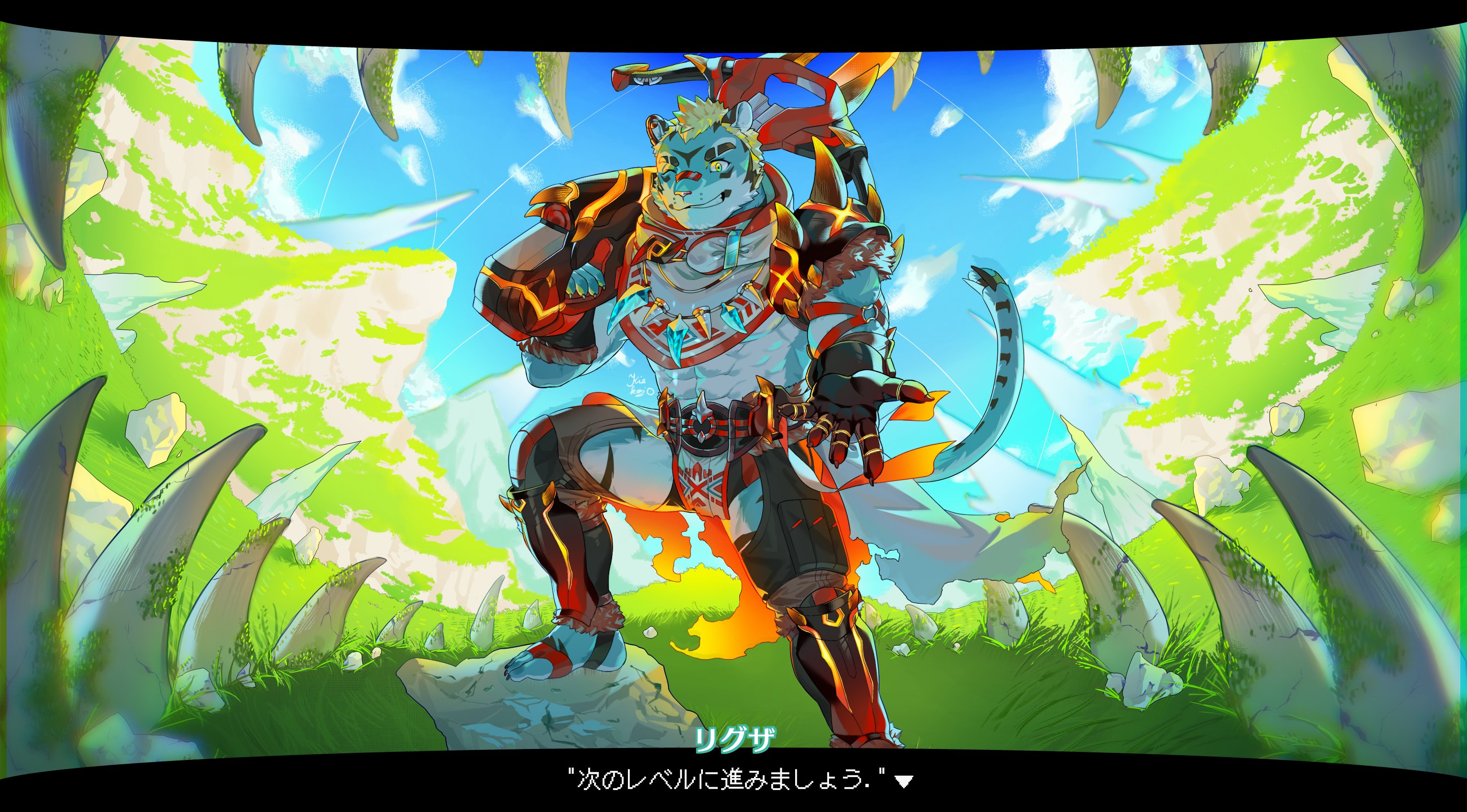 8-bit blue_gemstone blue_sky boulder bow_(weapon) crossbow gem glowing glowing_weapon highres jewelry kiekoio live_a_hero looking_at_viewer mountain necklace reaching reaching_towards_viewer rexer_(live_a_hero) self-upload sky valley weapon