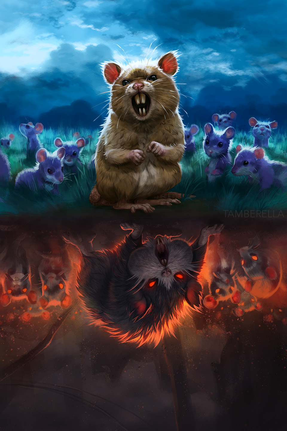 alolan_form alolan_raticate alolan_rattata black_eyes blue_sky cloud cloudy_sky creature day day_and_night devin_elle_kurtz evolutionary_line gen_1_pokemon gen_7_pokemon grass highres mouse_(animal) nintendo no_humans pokemon pokemon_(creature) raticate rattata red_eyes sky teeth