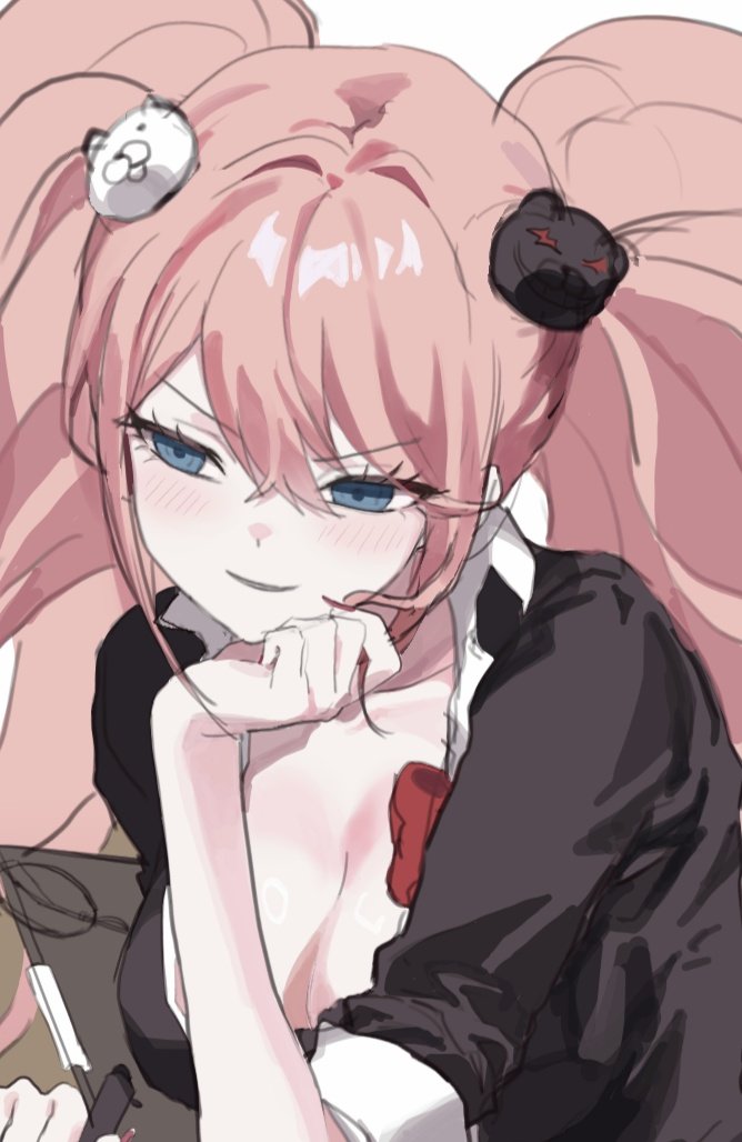 1girl bear_hair_ornament black_shirt blonde_hair blue_eyes bow breasts cleavage collarbone danganronpa:_trigger_happy_havoc danganronpa_(series) enoshima_junko hair_ornament large_breasts long_hair nekor0id nyapitalism red_bow shirt smile solo twintails