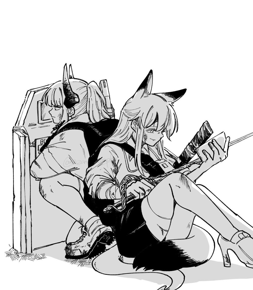 2girls animal_ears arknights back-to-back ballistic_shield bandaged_arm bandages cleaning cleaning_weapon closed_mouth dragon_girl dragon_horns fox_ears fox_girl fox_tail franka_(arknights) greyscale haruichi_(sazanami_complex) high_heels holding holding_sword holding_weapon horns jacket kneeling light_smile liskarm_(arknights) long_hair long_sleeves looking_ahead looking_down medium_hair monochrome multiple_girls on_ground ponytail profile scabbard scratches sheath shield shirt shoe_soles shoes sidelocks simple_background sitting skirt sword tail unsheathed watermark weapon white_background
