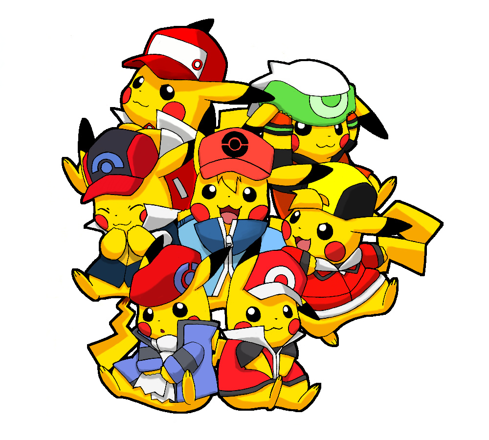 ash_ketchum ash_ketchum_(cosplay) beanie brendan_(pokemon) brendan_(pokemon)_(cosplay) clothed_pokemon cosplay ethan_(pokemon) ethan_(pokemon)_(cosplay) gen_1_pokemon hat hilbert_(pokemon) hilbert_(pokemon)_(cosplay) lucas_(pokemon) lucas_(pokemon)_(cosplay) nintendo no_humans pikachu pokachuu pokemon pokemon_(anime) pokemon_(creature) pokemon_bw pokemon_dppt pokemon_frlg pokemon_hgss pokemon_rgby pokemon_rse red_(pokemon) red_(pokemon)_(cosplay) red_(pokemon_frlg)
