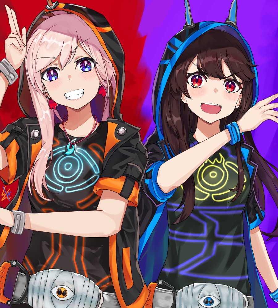 2girls blue_eyes clenched_teeth cosplay crossover determined eyebrows fate/grand_order fate_(series) ghost_driver glowing glowing_eye harlequin-wheels henshin_pose historical_connection hood horns jacket kamen_rider kamen_rider_ghost kamen_rider_ghost_(cosplay) kamen_rider_ghost_(series) kamen_rider_specter kamen_rider_specter_(cosplay) miyamoto_musashi_(fate) multiple_girls name_connection oda_nobunaga_(fate) parka pink_hair red_eyes single_horn smile teeth trait_connection two-tone_background