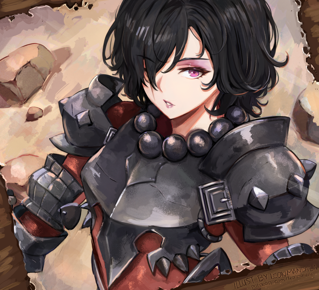 1girl armor artist_name berengaria_(unicorn_overlord) black_armor black_hair bodysuit breastplate brown_bodysuit eyeshadow hair_over_one_eye leonmandala lips looking_at_viewer makeup one_eye_covered parted_lips pauldrons pink_eyes pink_lips short_hair shoulder_armor solo swept_bangs unicorn_overlord wavy_hair