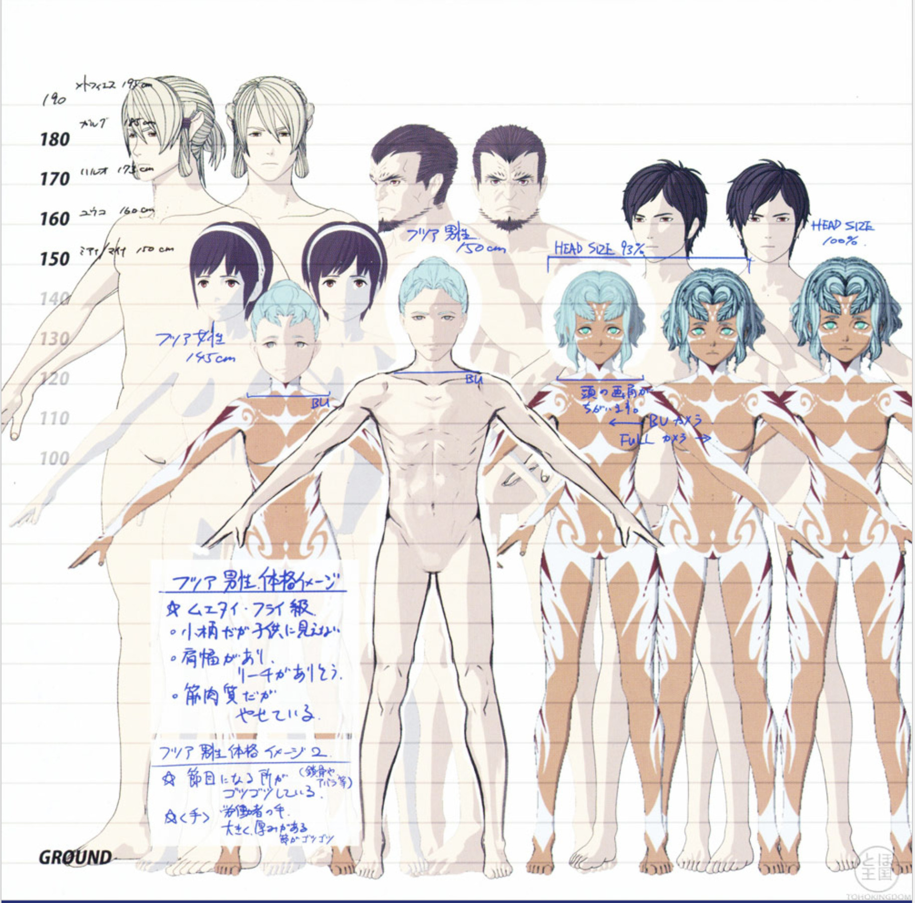 3girls 4boys abs alien antennae beard bilusaludo blonde_hair blue_hair bodypaint breasts brown_eyes brown_hair completely_nude concept_art dark_skin exif facial_hair goatee godzilla:_city_on_the_edge_of_battle godzilla_(series) green_eyes headband headgear highres houtua japanese_text maina medium_breasts metphies miana monster_girl multiple_boys multiple_girls muscular muscular_male no_nipples no_penis no_pussy nude official_art polygon_pictures pubic_tattoo rilu-elu_belu-be sakaki_haruo short_hair size_chart size_comparison size_difference small_breasts t-pose tani_yuko tattoo text_focus toho translation_request tribal tribal_tattoo white_background