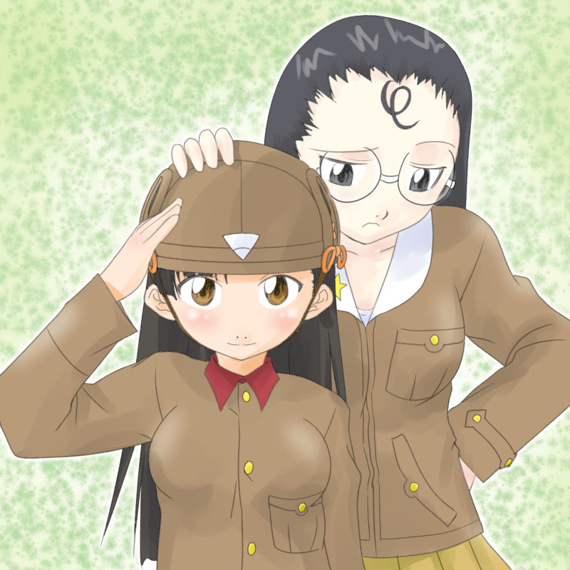 2girls ahoge black_eyes black_hair breasts brown_eyes brown_hair brown_jacket chi-hatan_military_uniform collar collarbone girls_und_panzer hand_on_another&#039;s_head helmet jacket long_hair multiple_girls nishi_kinuyo pleated_skirt red_collar salute shirt skirt t_jiroo_(ringofriend) tank_helmet tsuji_tsutsuji white_collar white_shirt white_undershirt yellow_skirt