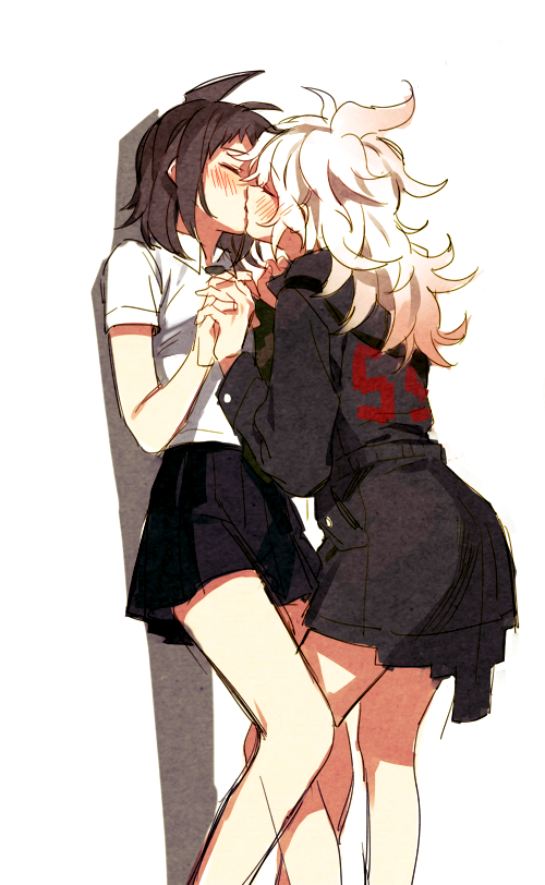 2girls black_hair black_jacket black_skirt blush closed_eyes collared_shirt commentary cowboy_shot danganronpa_(series) danganronpa_2:_goodbye_despair dg_xhs genderswap genderswap_(mtf) hands_up hinata_hajime holding_hands interlocked_fingers jacket kiss komaeda_nagito leg_between_thighs long_hair long_sleeves multiple_girls pleated_skirt shirt short_hair skirt standing symbol-only_commentary white_hair white_shirt yuri