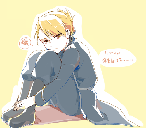 1girl :/ amestris_military_uniform black_boots blonde_hair boots brown_eyes commentary_request folded_ponytail full_body fullmetal_alchemist ichita_kuuto lowres military_uniform riza_hawkeye sitting solo spoken_squiggle squiggle translation_request