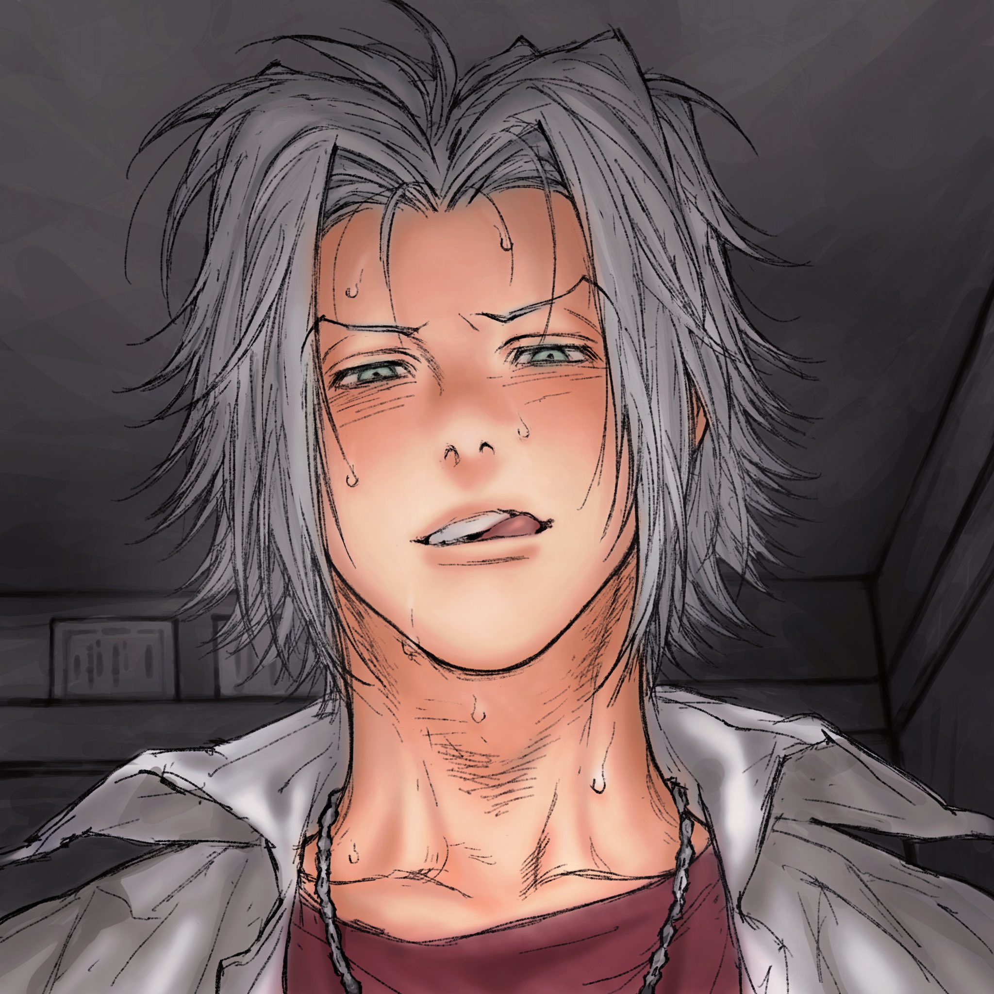 chain curtained_hair from_below gokudera_hayato green_eyes grey_hair highres katekyo_hitman_reborn! male_focus shirt sweat sweatdrop tongue tongue_out umkaqryi white_shirt
